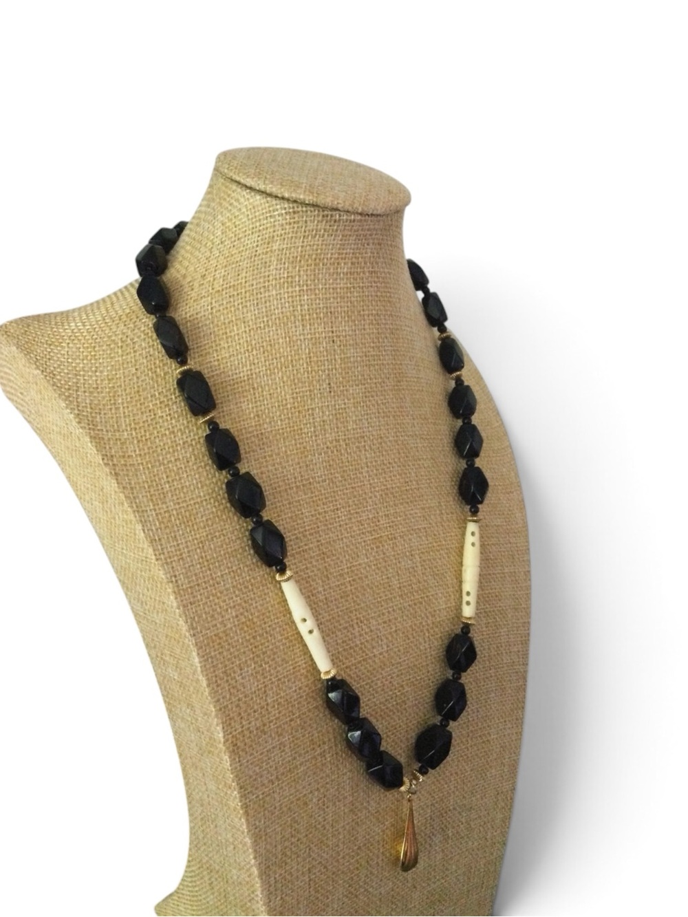 Vintage Carved Bone & Black Beaded Necklace with KJL Pendant - Picture 4 of 13